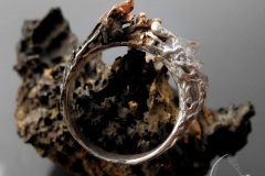 Wykonany na zamówienie srebrny pierścień, który reprezentuje walkę między ogniem a lodem. Lód wykonany jest z kryształów diamentu Herkimer.