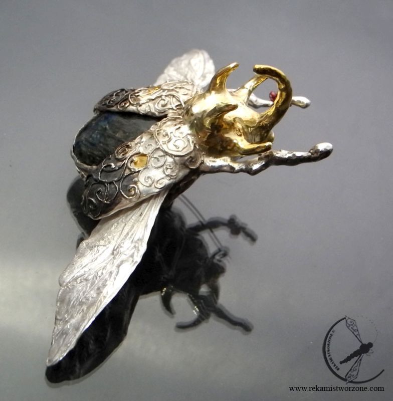 Gold Plated or Sterling Silver Rhinoceros Beetle Brooch Pin